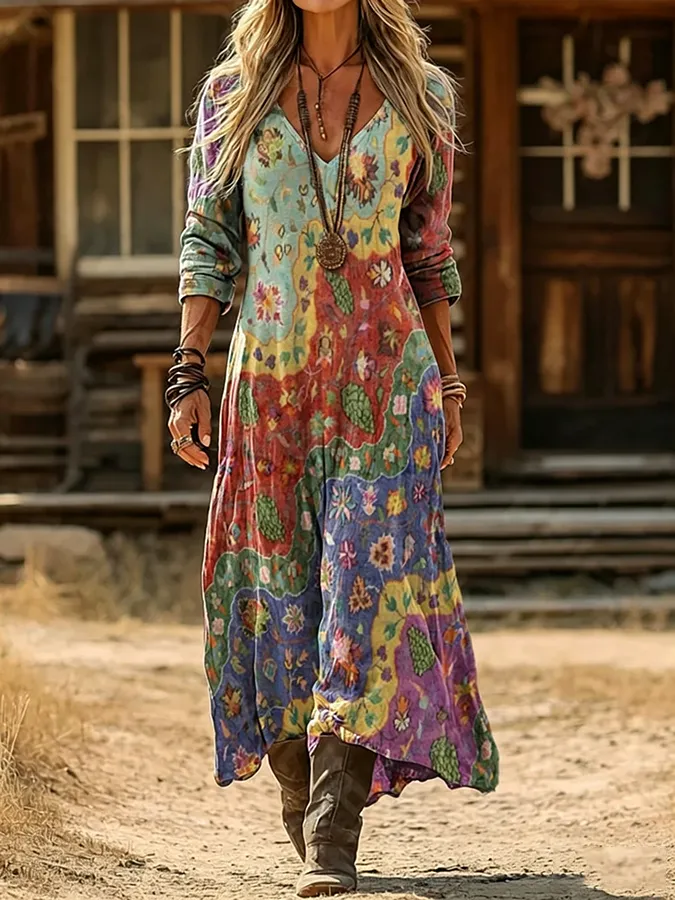 Women's Casual Retro V-neck Cotton Linen Dress