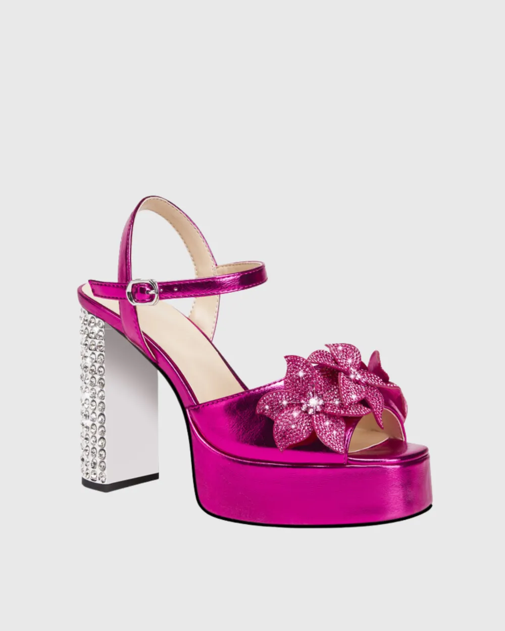 Rhinestone Flower Strap Platform Sandals in Hot Pink