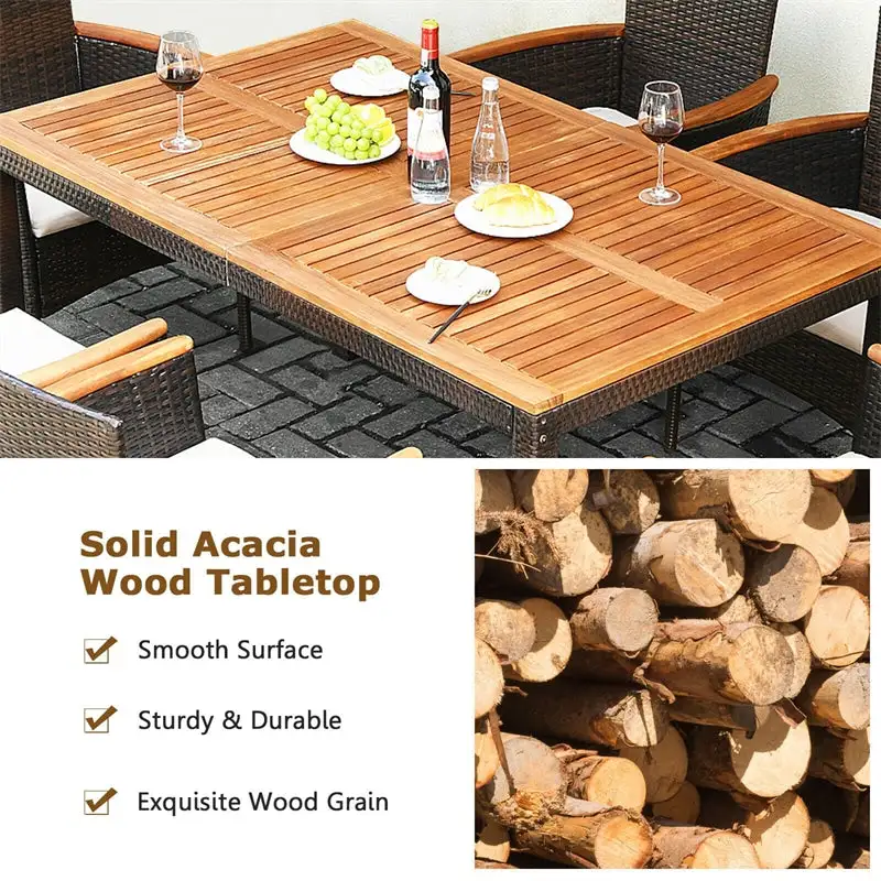 7 Piece Rattan Patio Dining Set with Acacia Wood Table & Stackable Wicker Chairs