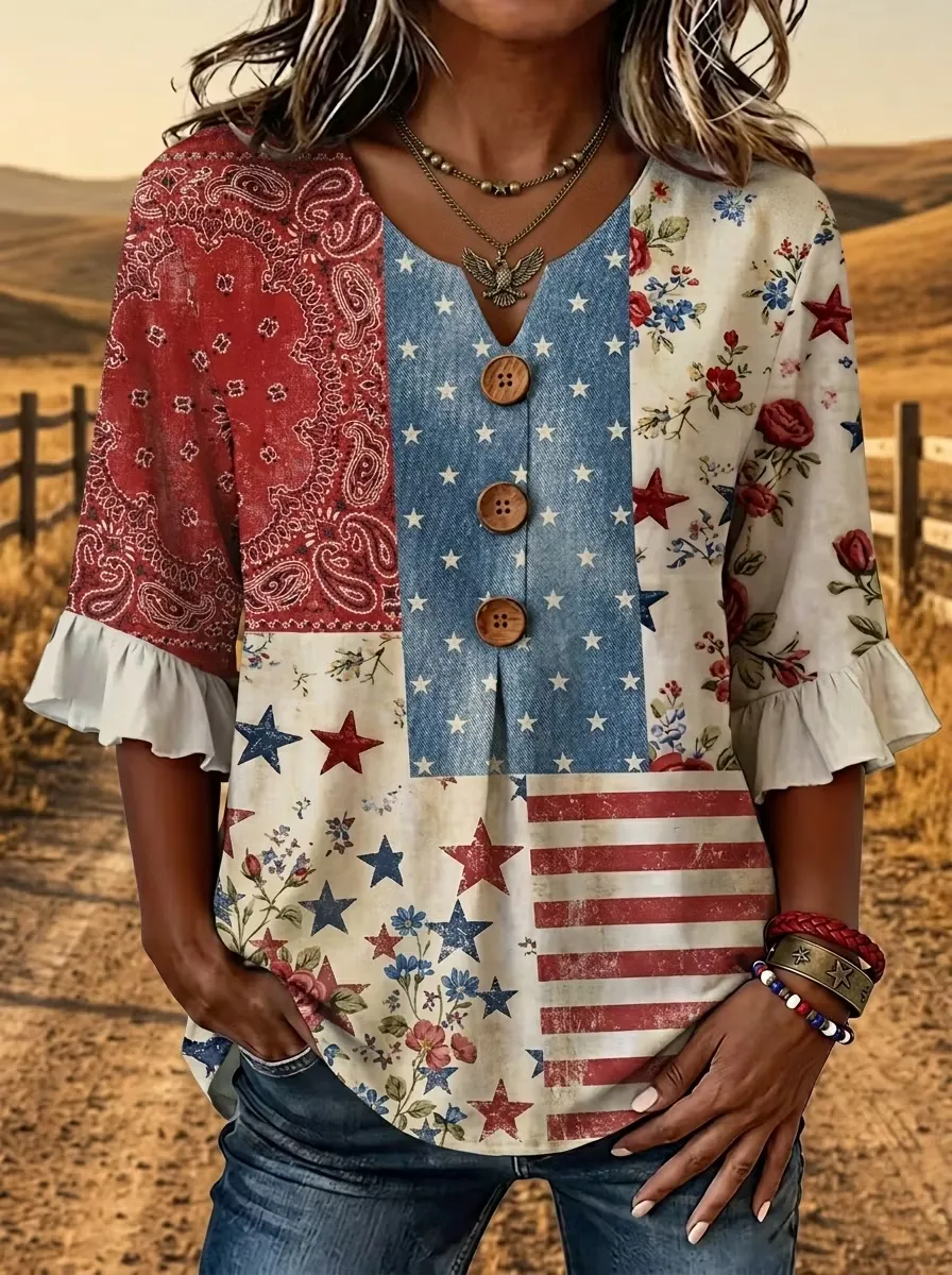 Vintage American Flag Art Print 3/4 Ruffle Sleeve Casual Shirt