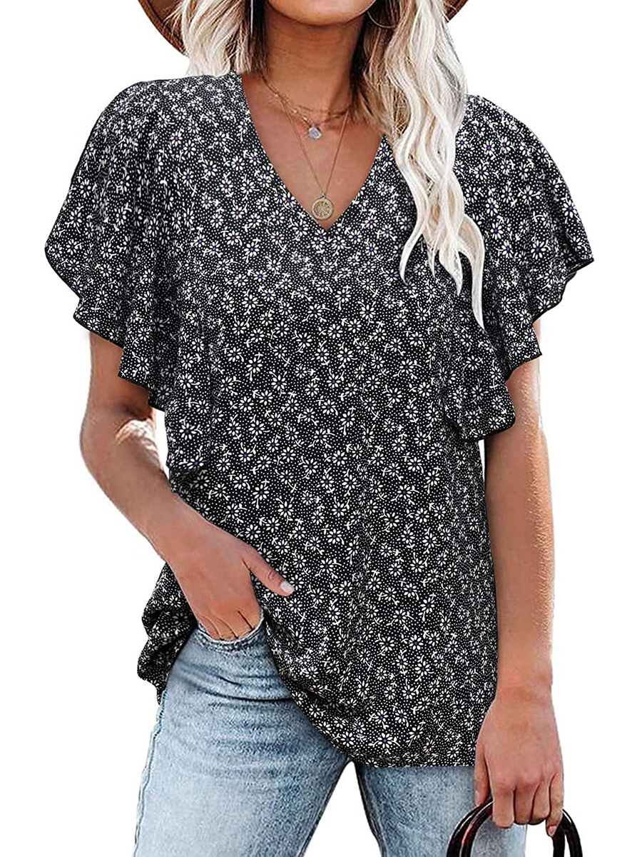 V Neck Floral Pleated Casual Short Sleeved Shirt