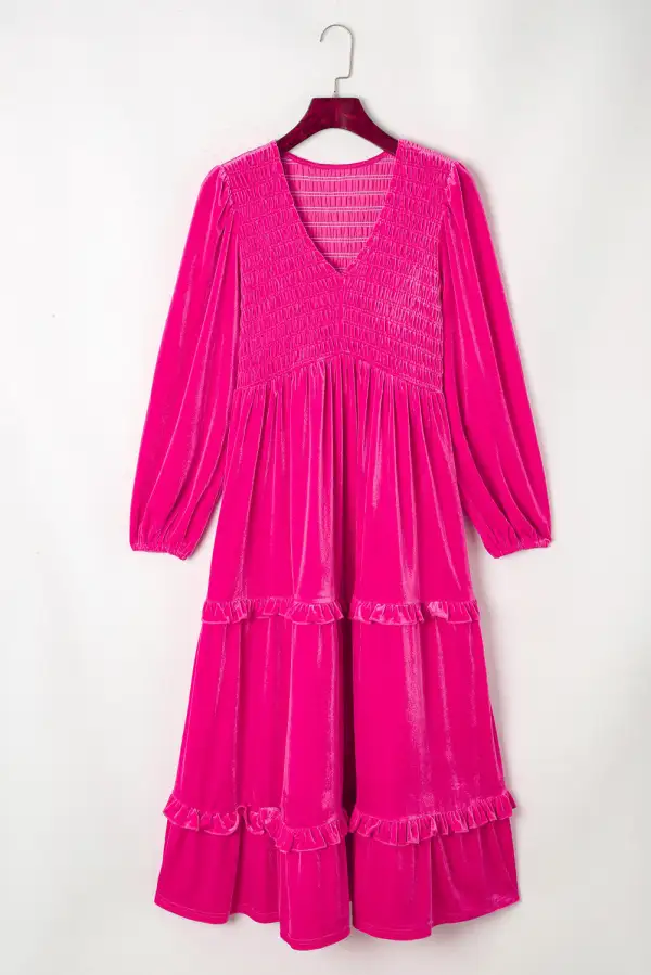 Rose Red Shirred V-Neck Long Sleeve Velvet Dress