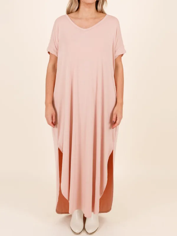 Short Sleeved Ultra Long Dress With Curved Split Hem