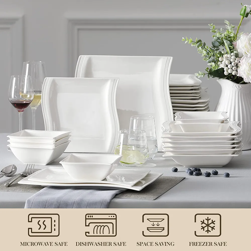 MALACASA Ivory White Dinnerware Sets, 60-Piece Square Dish Set for 12, Porcelain Dishes with Dinner Plates, Dessert Plates and Soup Plates, Cups and Saucers, Modern Dinnerware Oven Safe, Series Flora