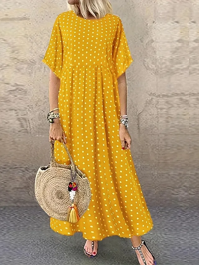 Women's Plus Size Curve Casual Dress Polka Dot Long Dress Maxi Dress Short Sleeve Crew Neck Fashion Outdoor Yellow Red Summer XL 2XL 3XL 4XL 5XL