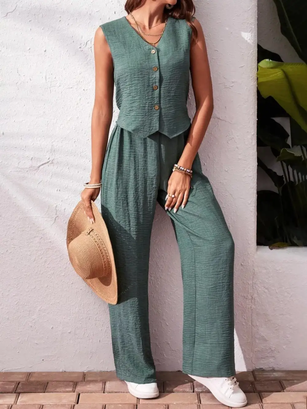 Button Front Wide Leg Jumpsuit