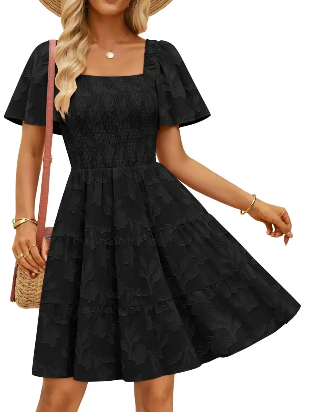 Square Neck Tiered Smocked Mini Dress