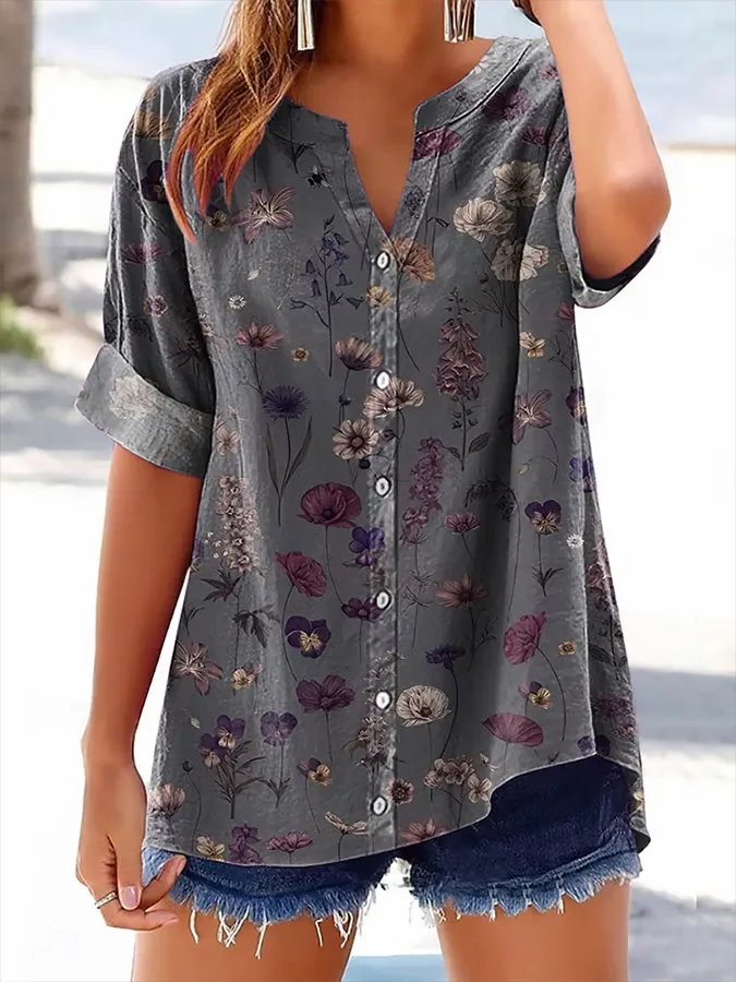 A Variety Of Short-Sleeved Shirts With Plant Prints For Women's Wear