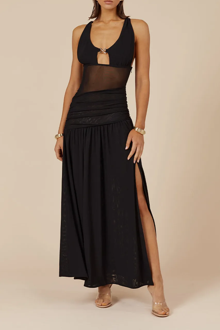 Black Halterneck Lace Stitching Sexy Maxi Dress