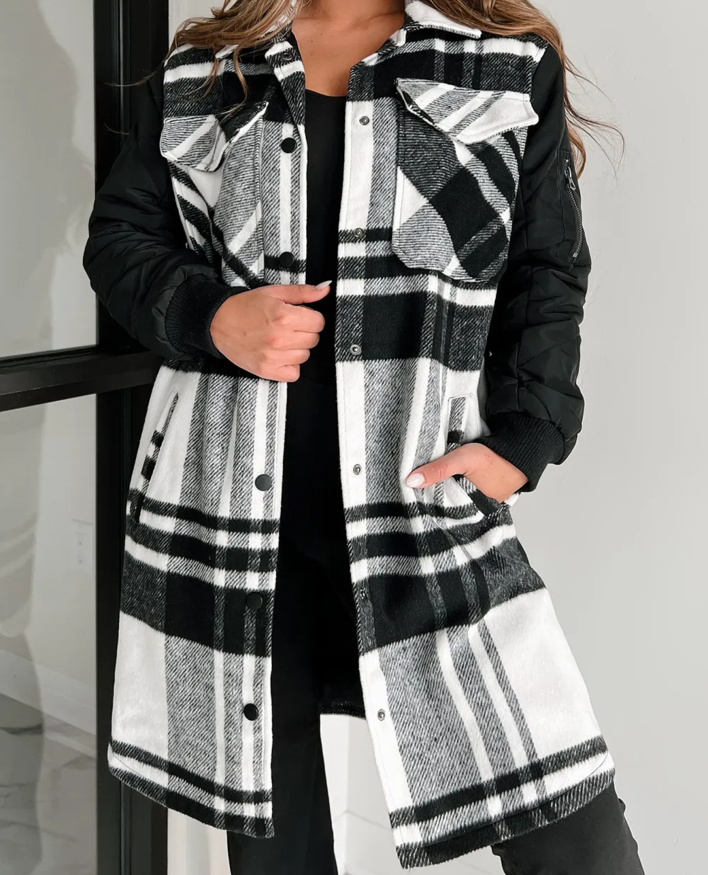 Quilted Sleeve Plaid Coat