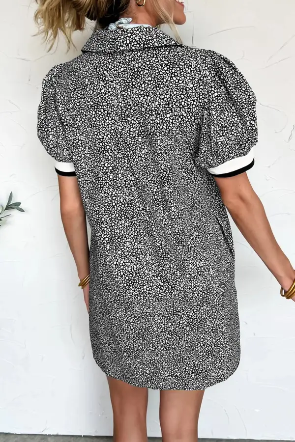 Leopard Print Contrast Striped Trim Polo Collar Short Sleeve Dress With Pockets