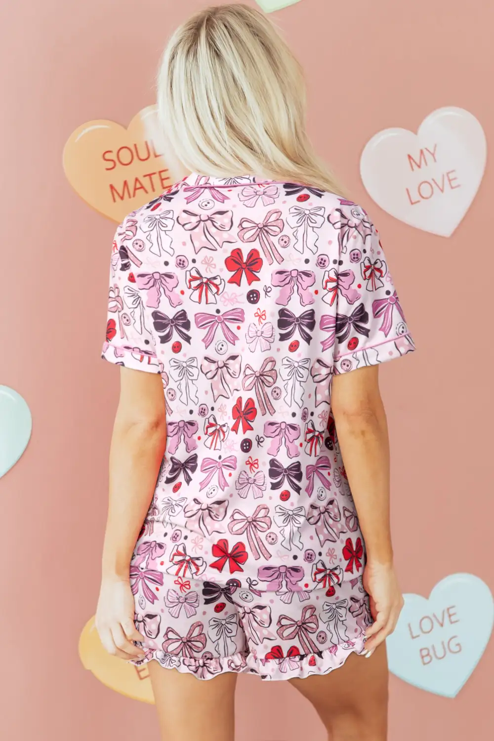 Cozy Bow Print Ribbon Trim Short Pajama Set