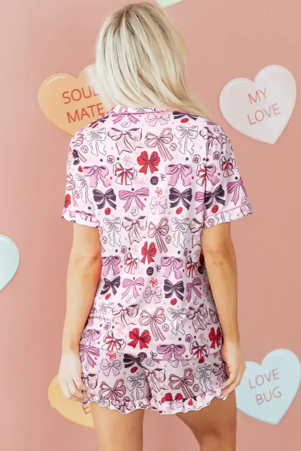 Cozy Bow Print Ribbon Trim Short Pajama Set