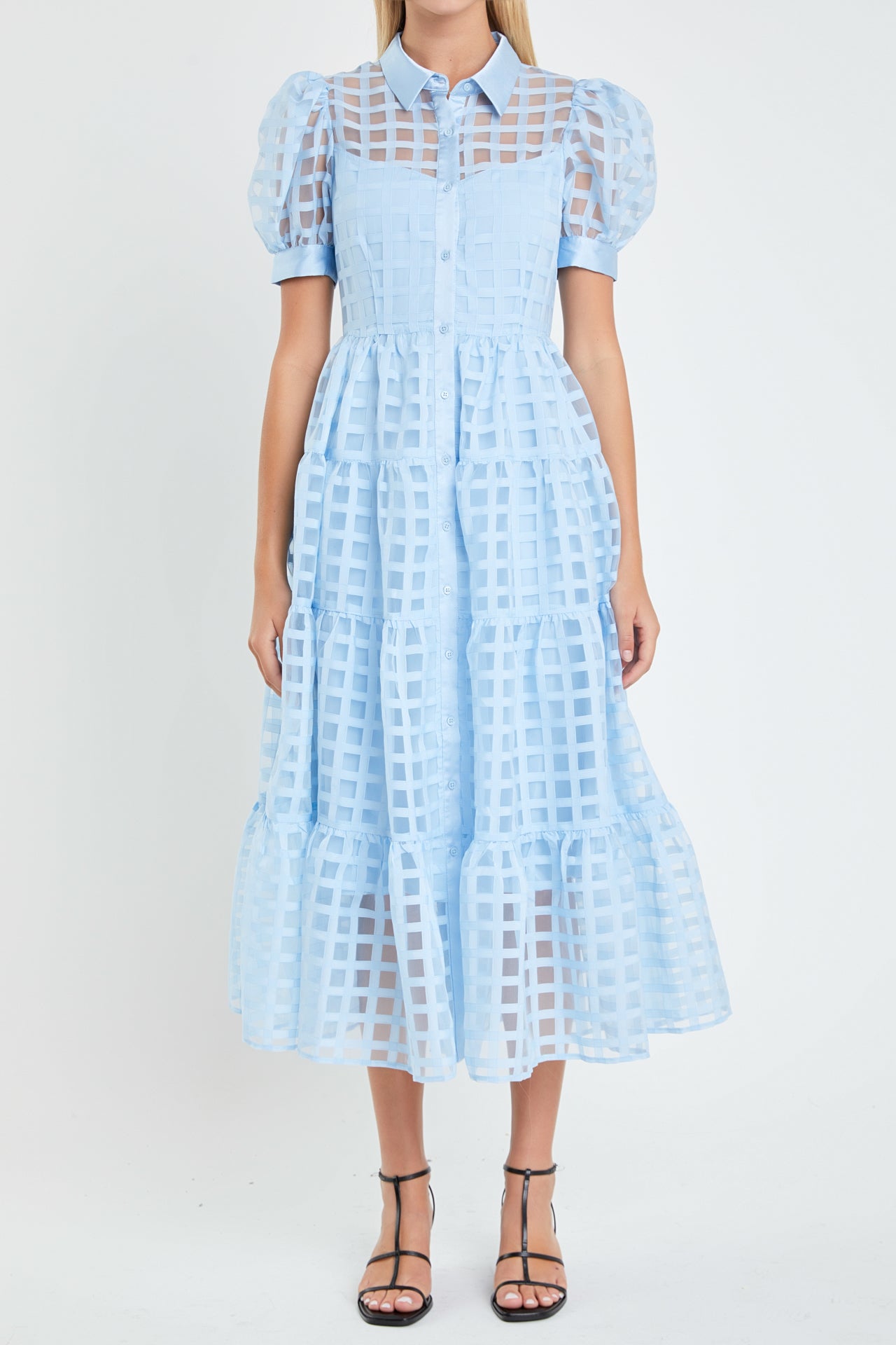 Gridded Organza Tiered Maxi Dress