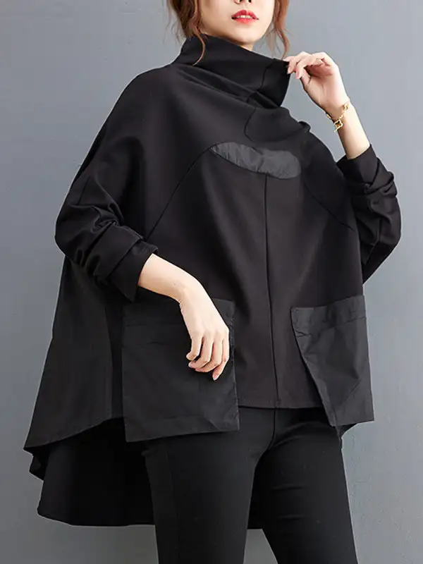 Casual Relaxed Panel Detail High Neck Long Batwing Sleeve T-Shirt