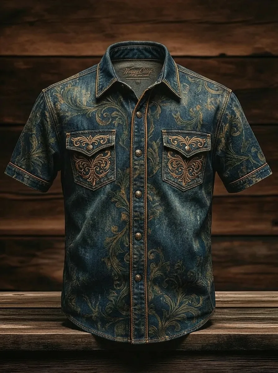 Men's Western Style Floral Paisley Denim Printed Shirt