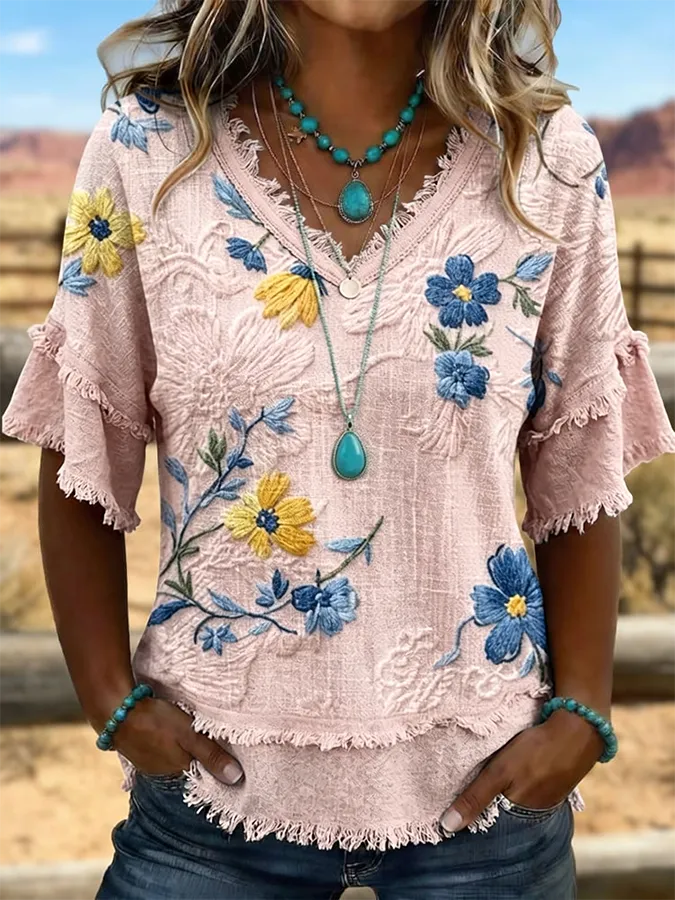 Women'S Vintage Art Patchwork Cotton And Linen Shirt
