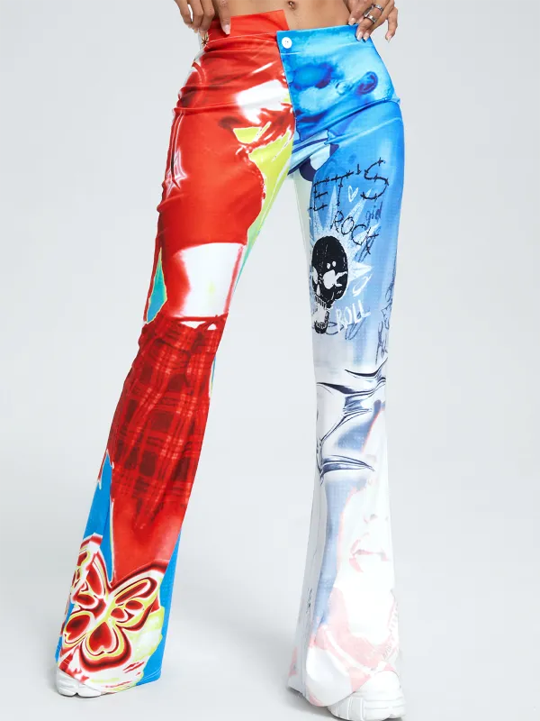 【Final Sale】Edgy Multicolor Figure print Color block Bottom Pants