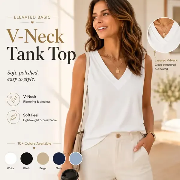 Women Summer Sleeveless V Neck Tank Top, Slimming Loose Fit Casual Tee for Daily