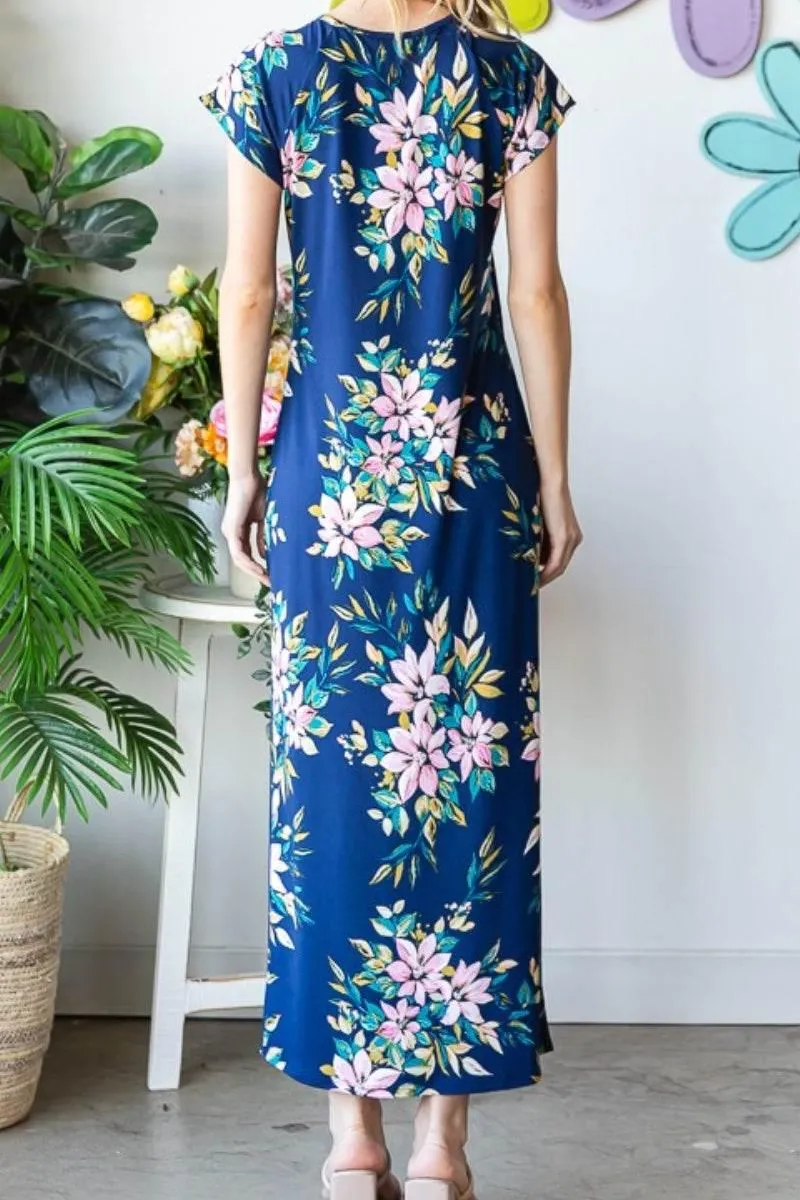 Floral Short Sleeve Slit Casual Dress