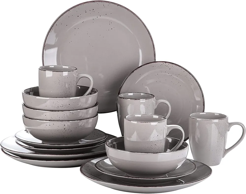 vancasso Navia Ceramic Dinnerware Set, 48 pieces Set of 12 Stoneware Spray Spot Patterned Service Dish with Dinner Plates, Salad Plates, Bowls, Mugs - Grey