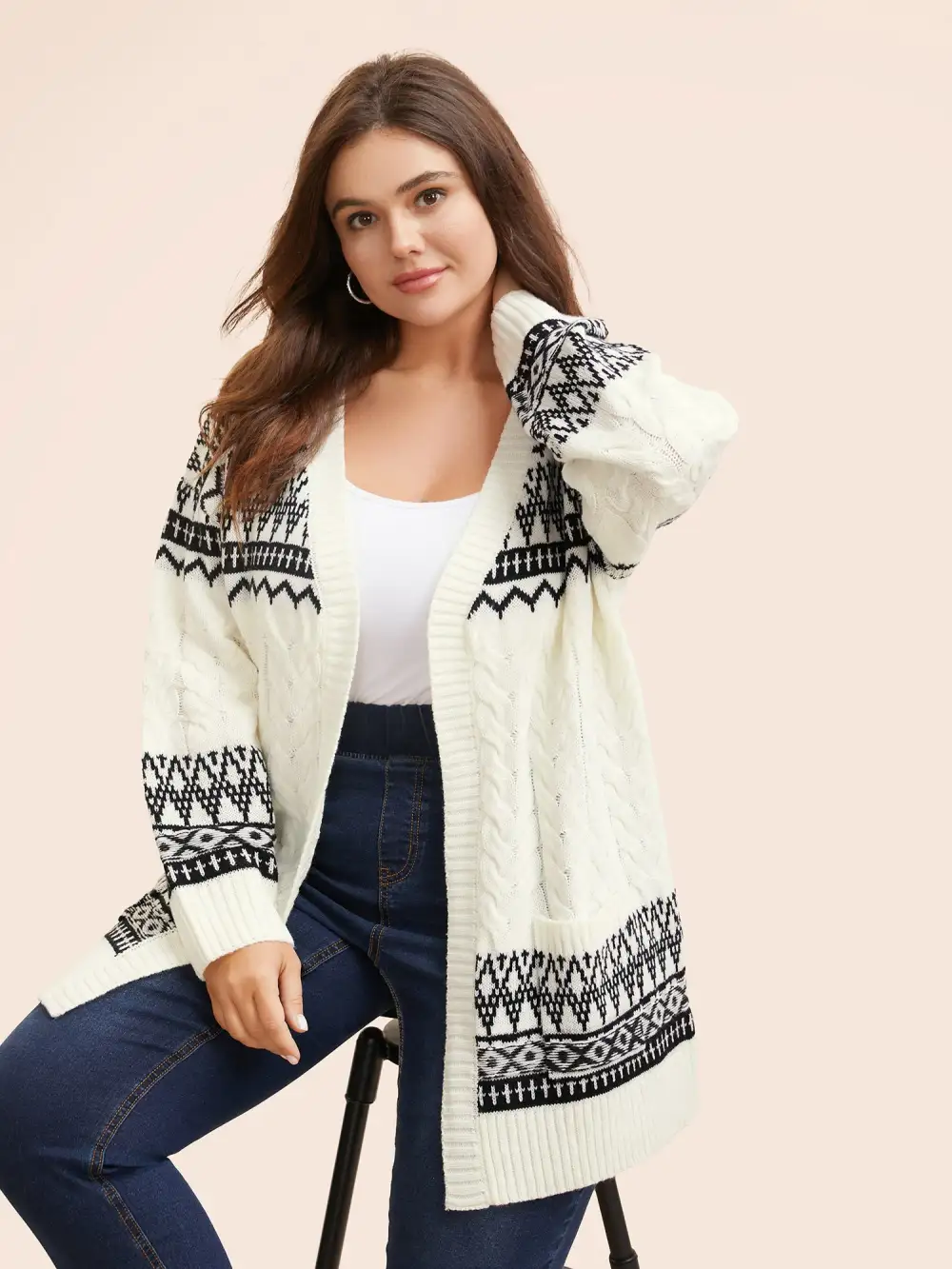 Bandana Jacquard Cable Knit Pocket Cardigan