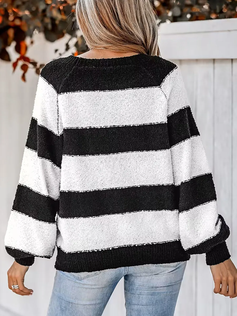 Women's Striped One Shoulder Plush Knitted Sweater