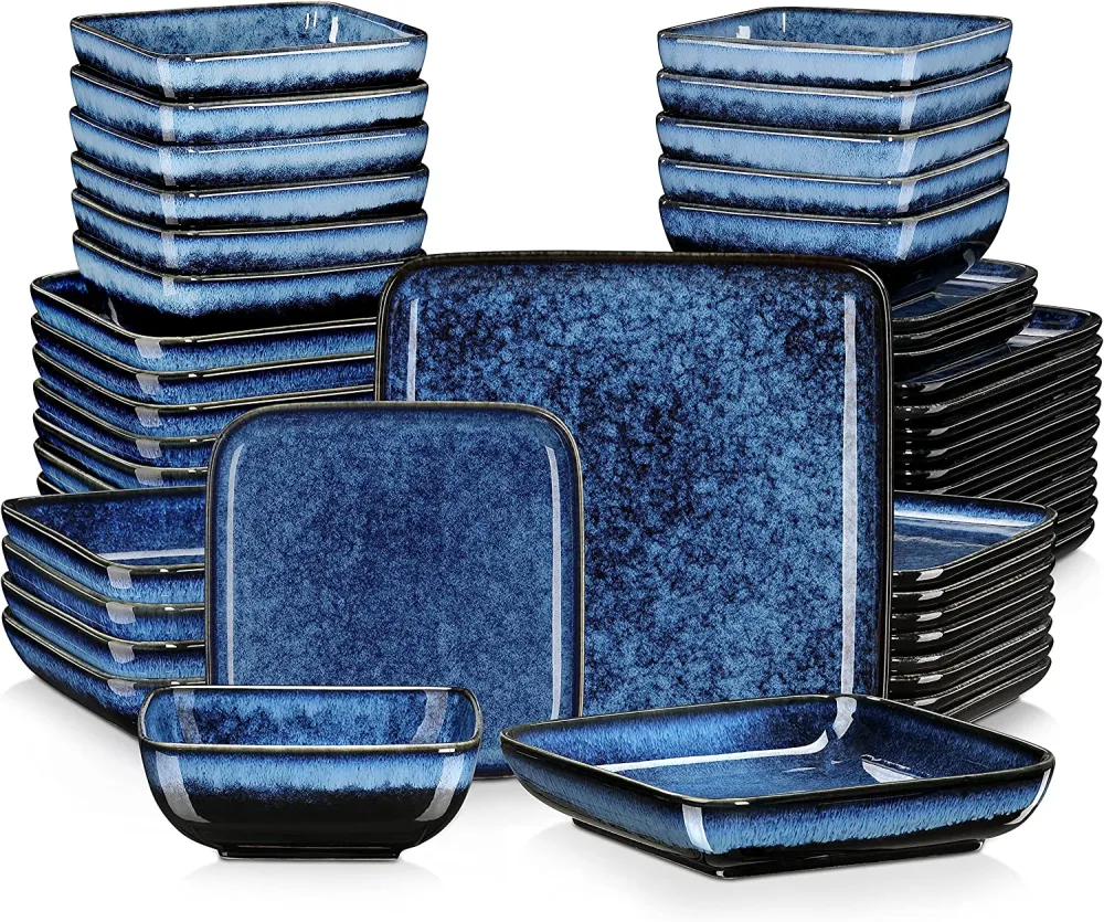 vancasso Stern Green-Blue Dinner Set- Square Reactive Glaze Tableware- 32 Pieces Kitchen Dinnerware Stoneware Crockery Set with Dinner Plate, Dessert Plate, Bowl and Soup Plate Service for 8