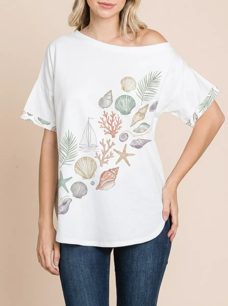 Women's Beach Lover Seashell Sailboat Coral Printed T-shirt