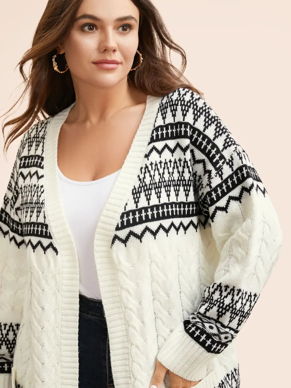 Bandana Jacquard Cable Knit Pocket Cardigan