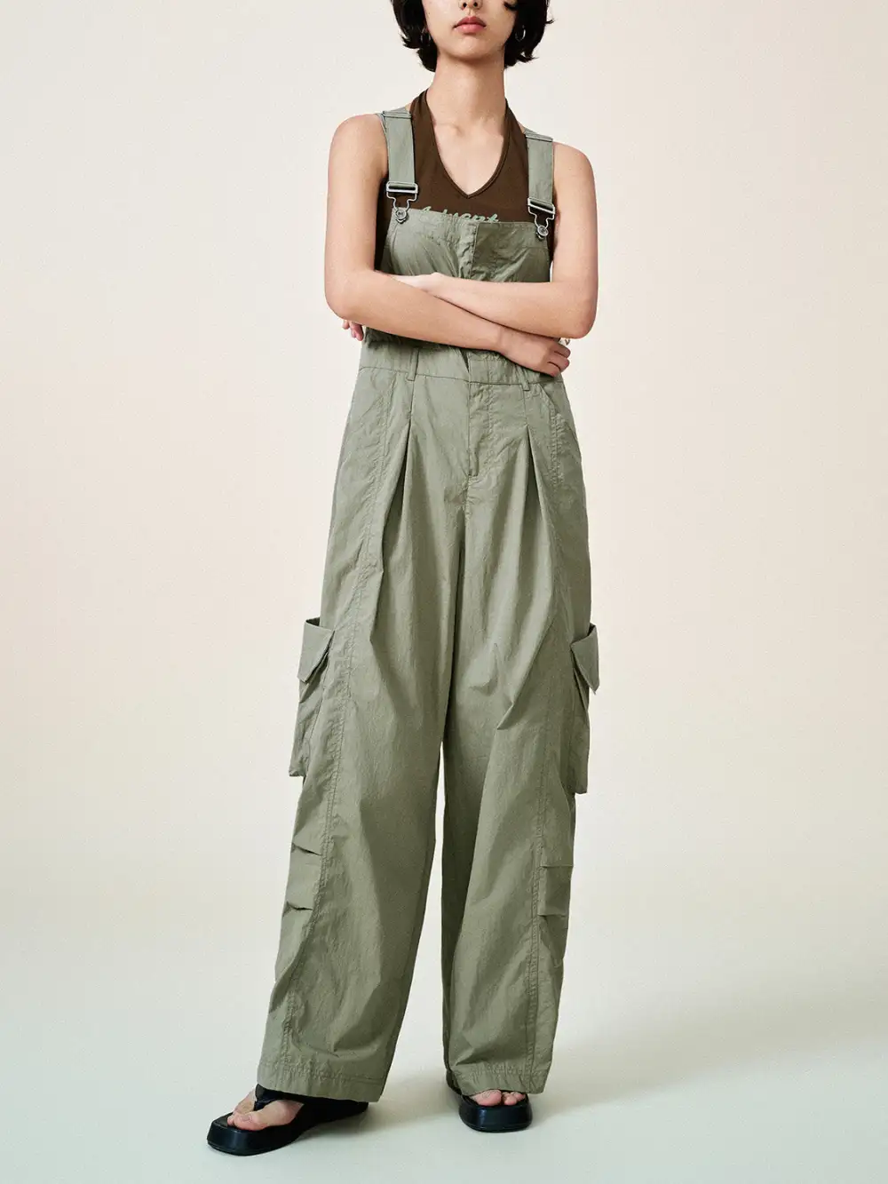 Utility Style Wide-Leg Cargo Overalls