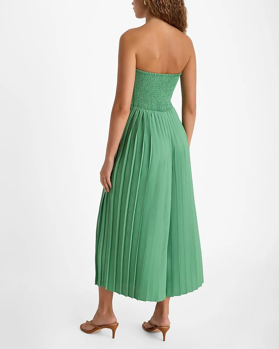 Pleated Strapless Flowy Wide Leg Jumpsuit
