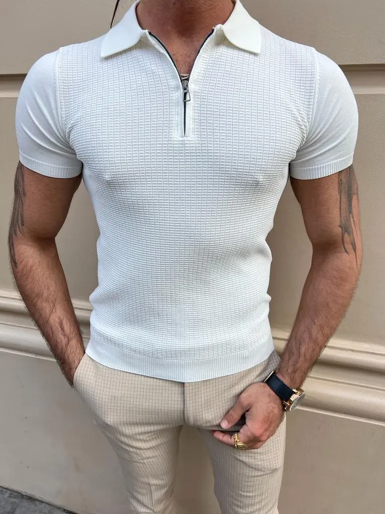 Zip Detailed Polo Neck T-shirt -  White