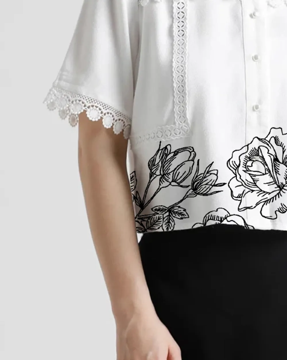 White Floral Print Crochet Detail Blouse