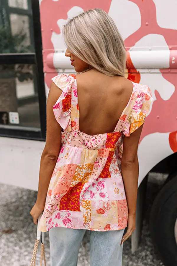 Floral Patchwork Print Ruffle Trim Tank Top