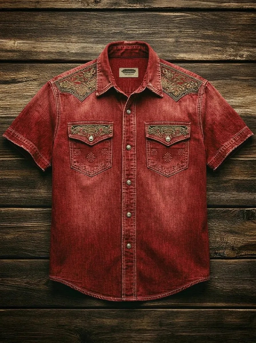 Men's Western Style Floral Embroidery Printed Denim Shirt