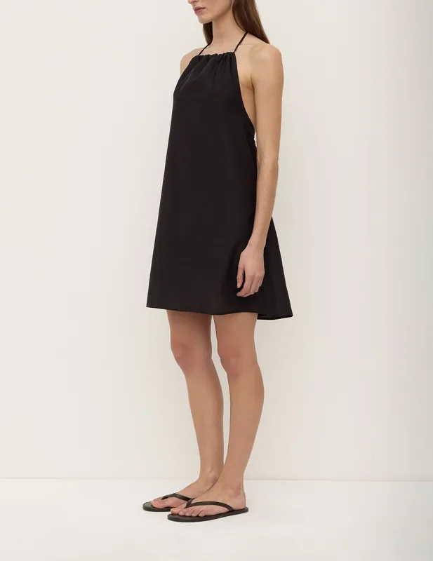 Black Cotton Silk Halter Mini Dress