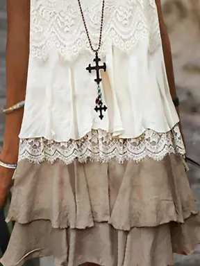 Solid U-Neck Sleeveless Woven Lace Dress