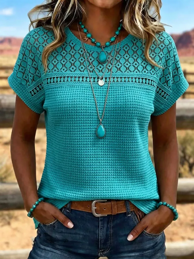 Women'S Retro Art Patchwork Hollow Design Shirt