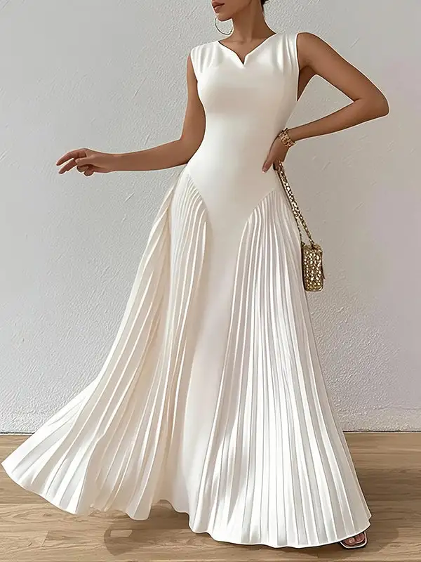 Loose Color Pleated Neck Maxi Dress
