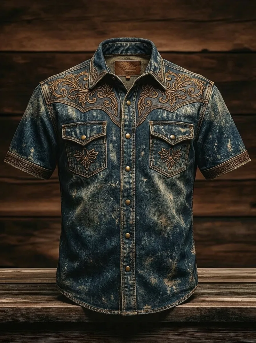 Men's Western Cowboy Floral Embroidered Distressed Denim Printed Shirt