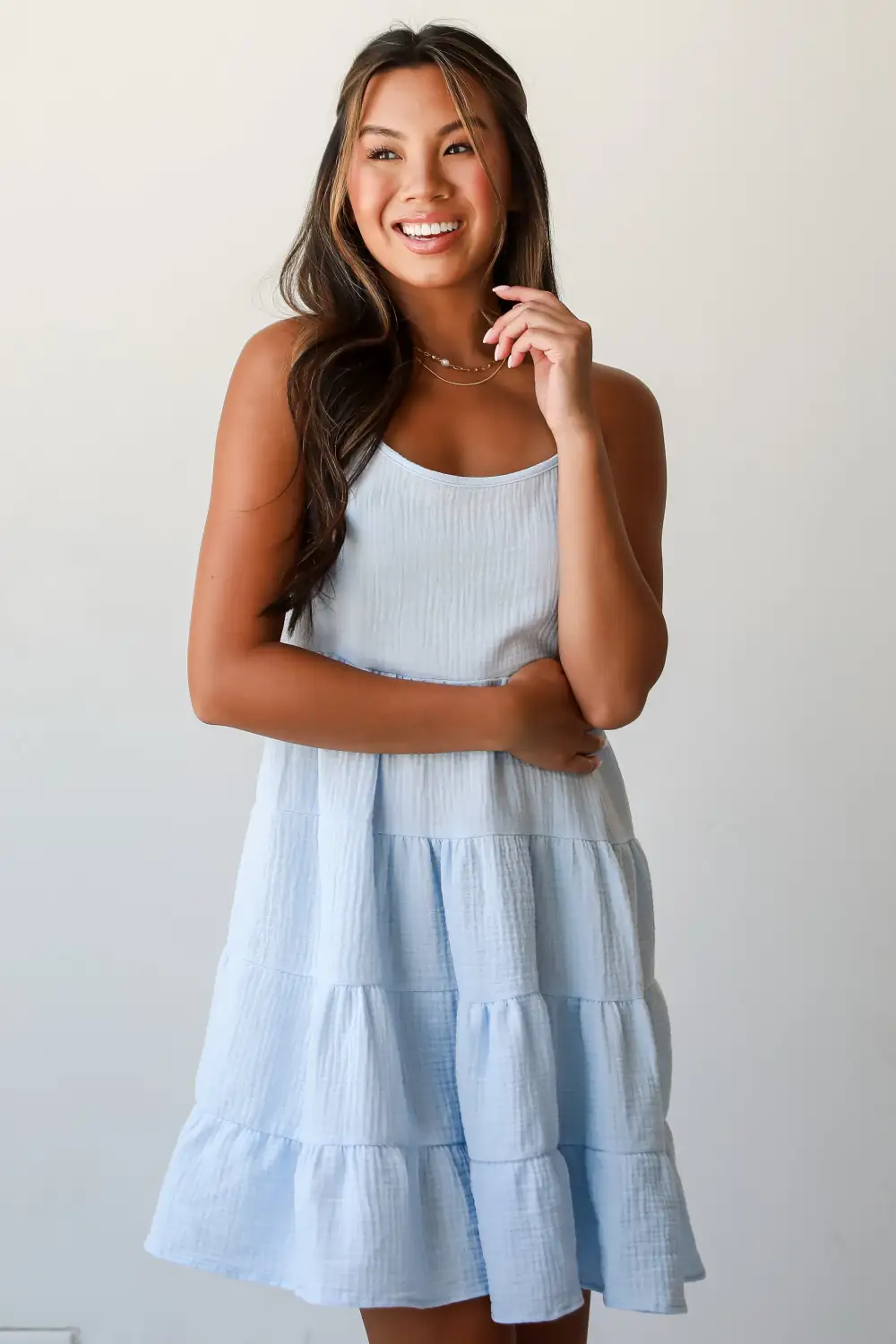 Sweetest Impact Light Blue Linen Tiered Mini Dress