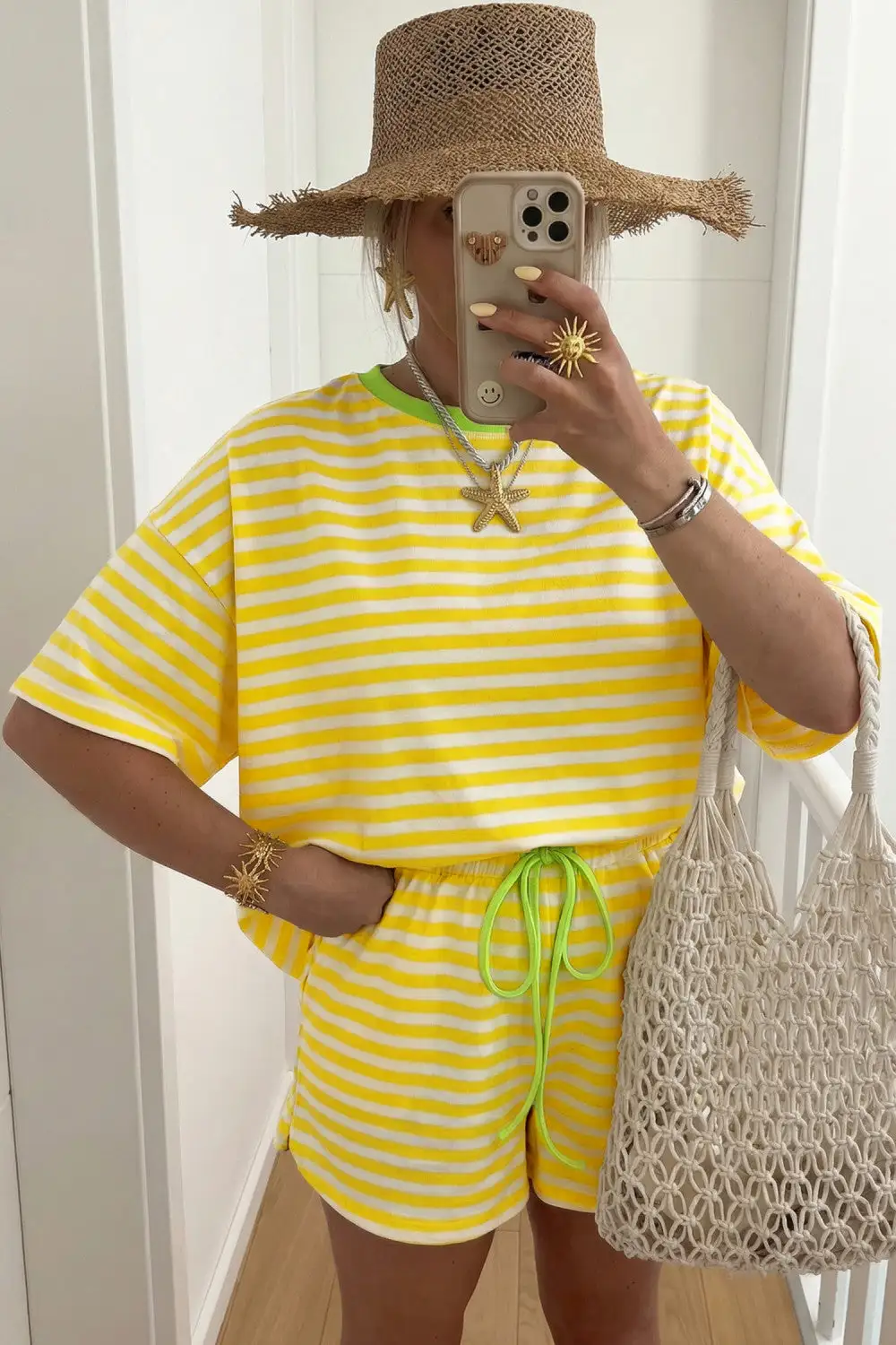 Ruffled Striped Contrast Neck Relaxed Two Piece Set