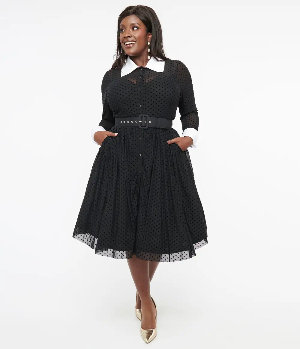 Unique Vintage Plus Size 1950s Black Polka Dot Tulle Swing Dress