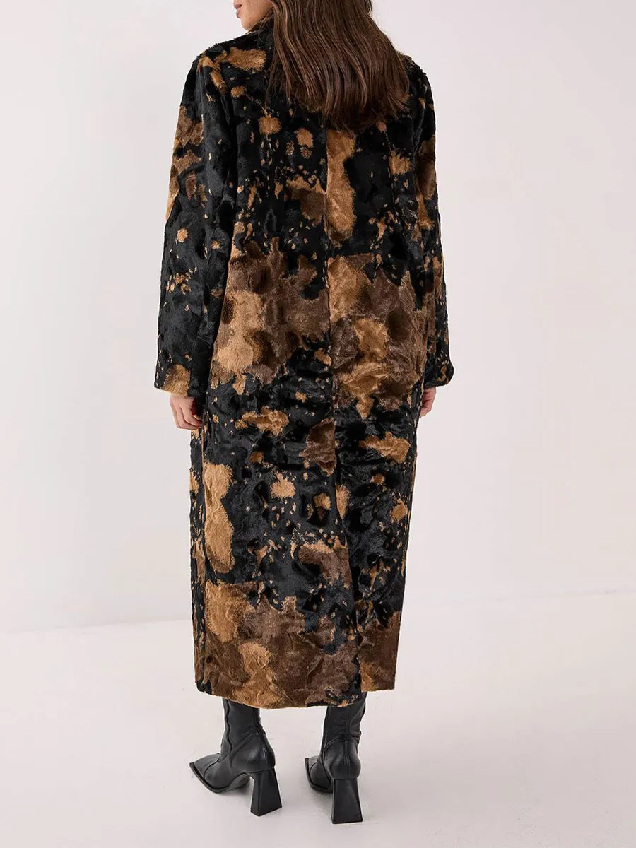 Brown Black Camo Print Long Shearling Coat