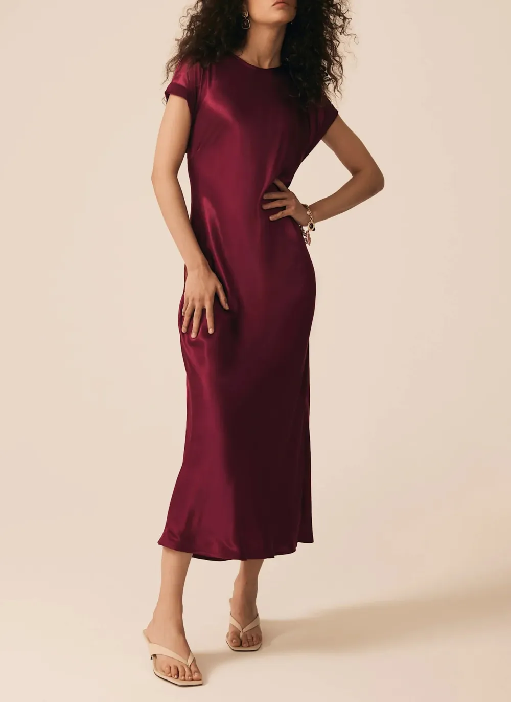 Casual Style Crew Neck Satin Midi Dress