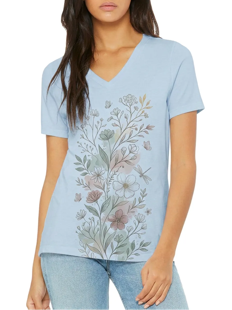 Women's Botanical Wildflower Dragonfly Printed V-neck T-shirt