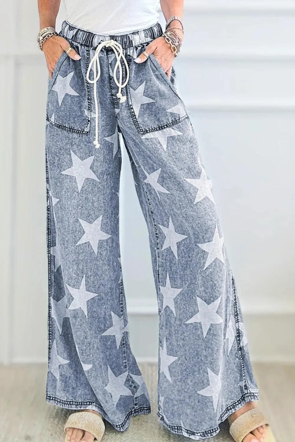 Wide Leg Drawstring High Waist Print Jeans