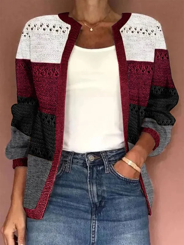 Women Knitted Color Block Long Sleeve Comfy Casual Jacquard Cardigan