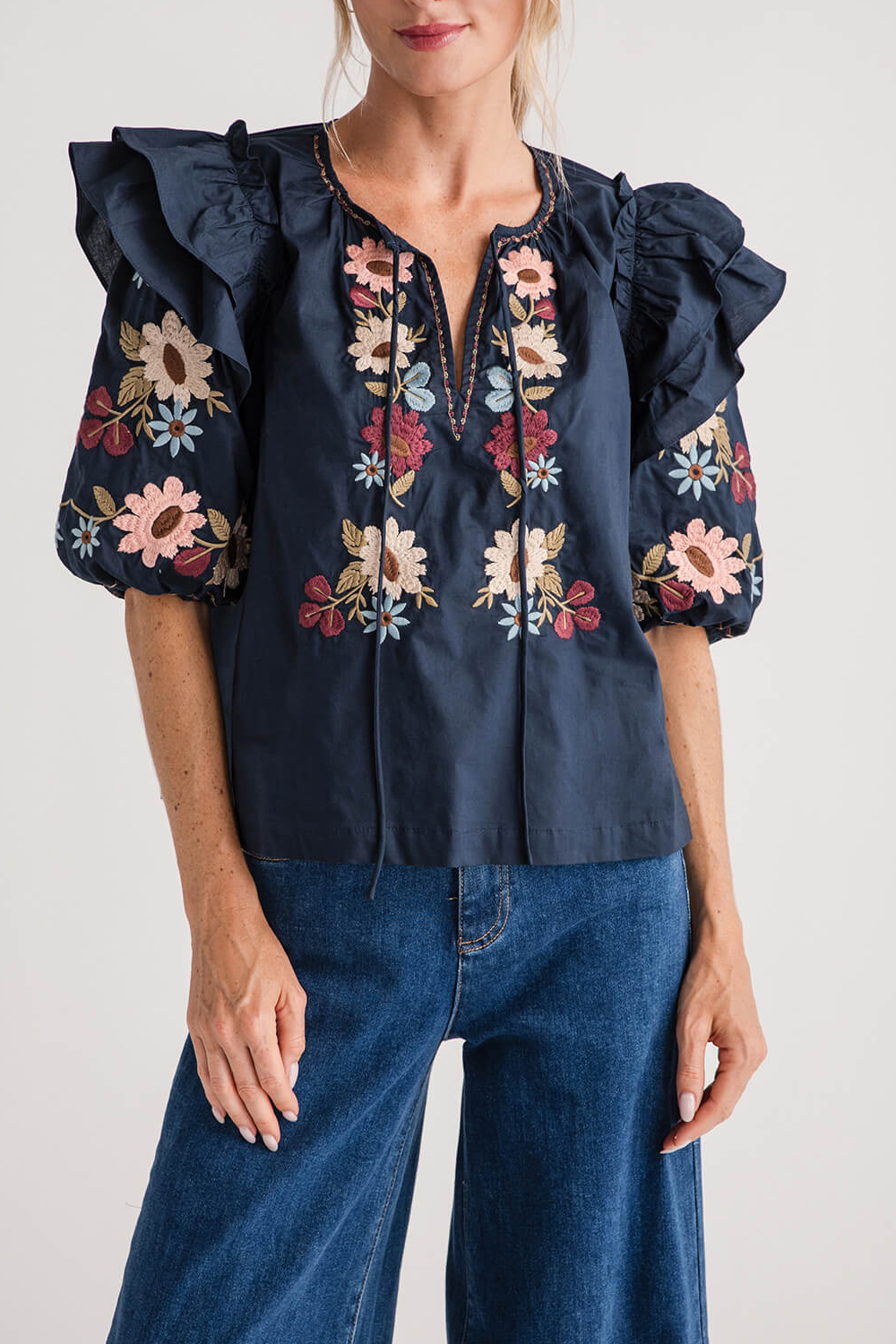 Mable Embroidered Ruffle Shoulder Puff Sleeve Blouse - navy